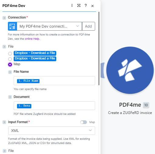 Crea un modulo fattura ZUGFeRD (1.0) per PDF4me Dev che mostri Connessione, Nome file e Documento mappati da un passaggio precedente e Formato di input impostato su XML